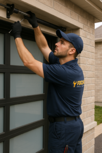 Professional garage door repair technician servicing a residential home in Vaughan Ontario