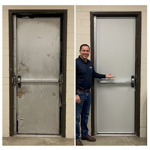 Professional Fixone technician performing commercial door repair in downtown Toronto - Edited