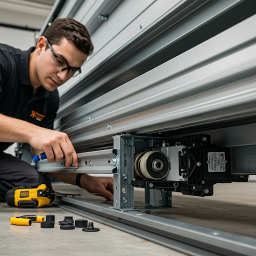 Detailed view of commercial garage door repair in Toronto showing technical expertise and quality parts