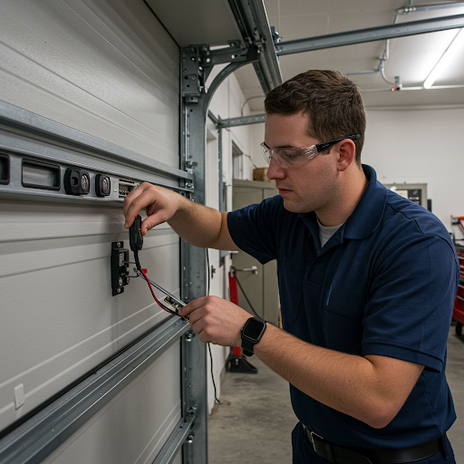 FixOne technician replacing broken garage door springs during repair service in Hamilton