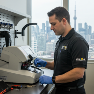 Professional emergency key cutting service in Toronto by Fix One technician using modern equipment
