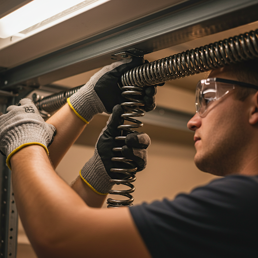 Professional garage door spring repair service in Toronto showing proper replacement technique