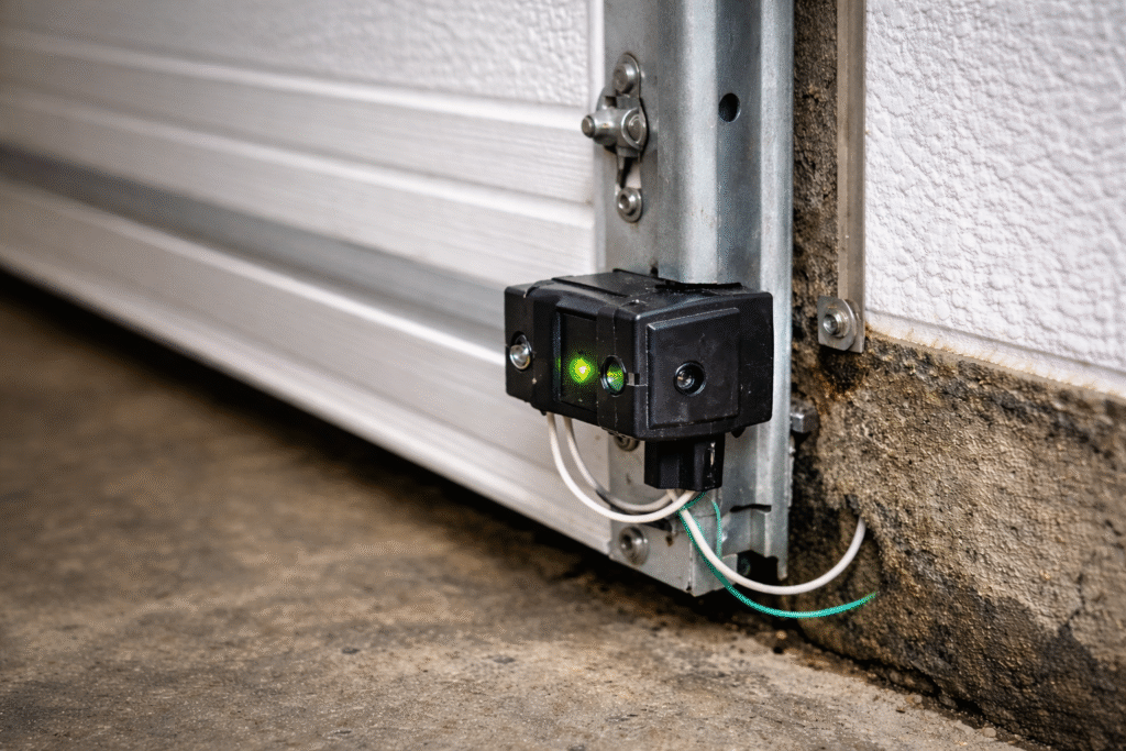 Garage door safety sensor positioned at the base of the track