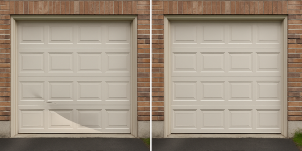 Before and after photos showing high-quality garage door repair work.