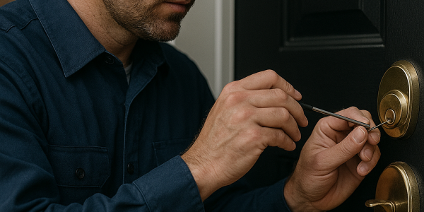 Emergency locksmith in London Ontario unlocking a residential door with professional tools