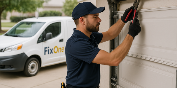 Examples of same-day garage door issues broken spring, faulty opener, and misaligned door track