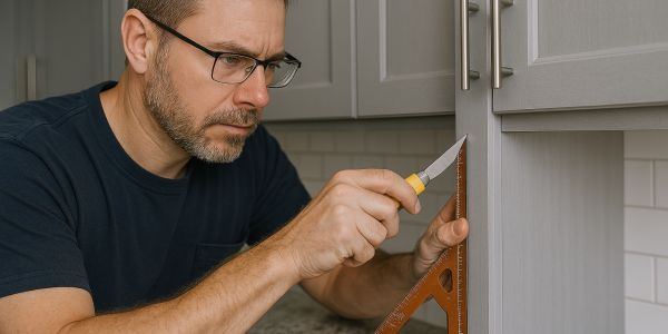 Expert kitchen cabinet refacing technician working with precision tools on modern cabinetry