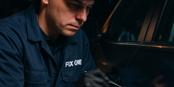 Fix One auto locksmith technician providing emergency car lockout service at night with professional tools