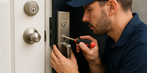 Locksmith installing commercial access system beside residential deadbolt