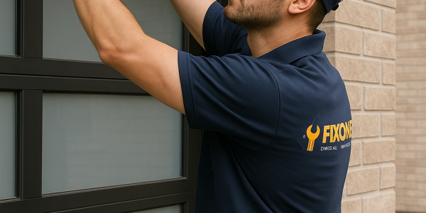 Professional garage door repair technician servicing a residential home in Vaughan Ontario