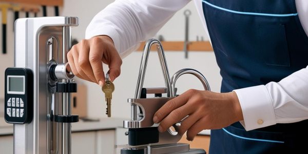 Professional locksmith using advanced key cutting equipment to create a new key for a customer.