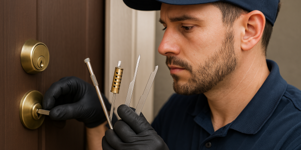 Professional locksmith using rekeying tools to service a door lock.