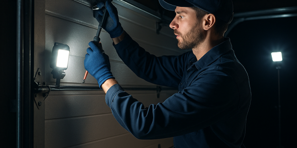 Technician repairing a residential garage door at night using portable work lights.